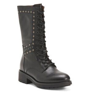 NEROGIARDINI Black Made In Italy Leather Studded Combat Booties